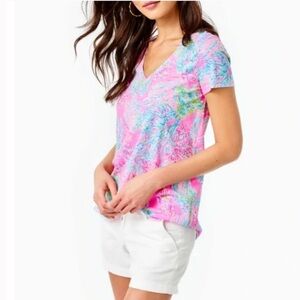 Lilly Pulitzer Etta V-Neck Top Prosecco Pin Seaing Things Large